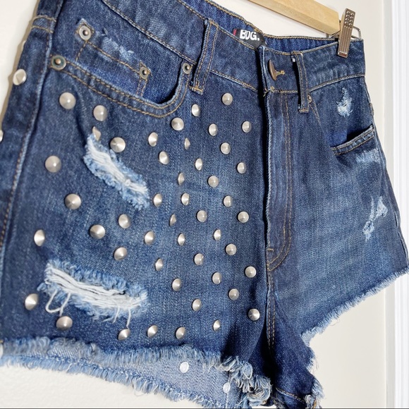 BDG High Rise Cheeky Distressed Dark Washed Denim Shorts - Picture 3 of 7